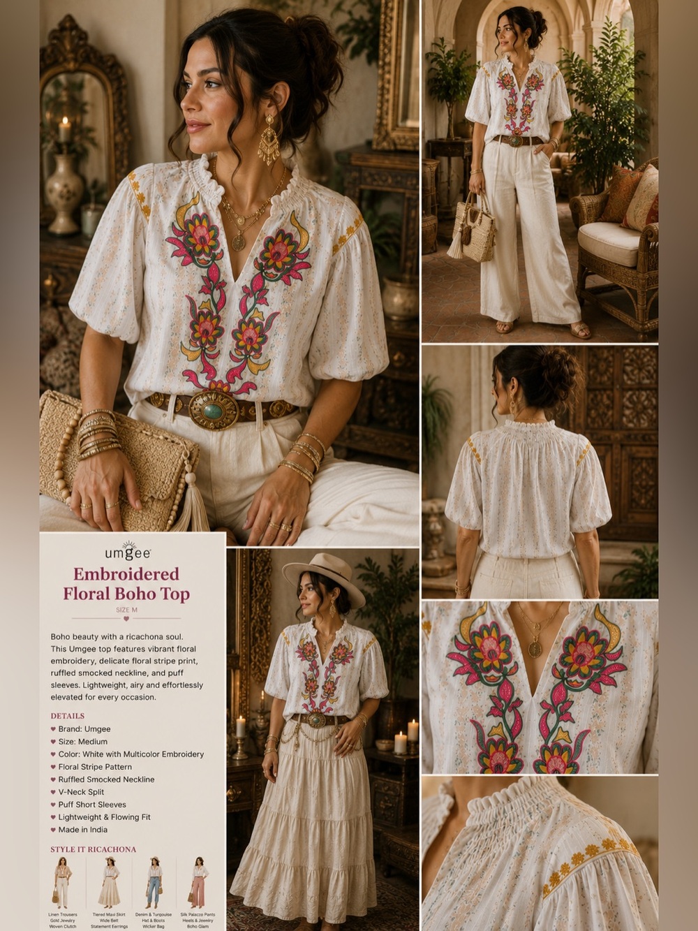 Umgee Embroidered Floral Boho Blouse Medium Puff Sleeve Ruffle Neck Western Top - Picture 2 of 12